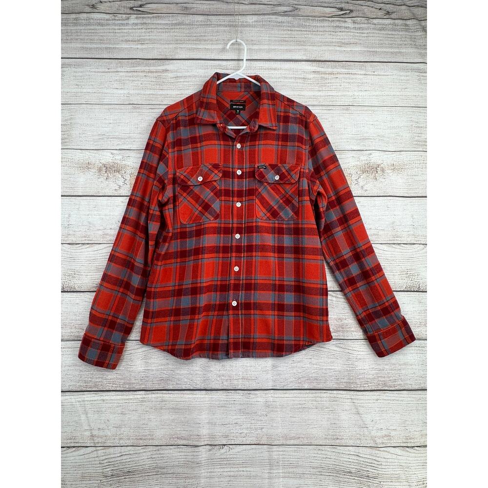 Brixton Bowery Standard Fit Plaid Flannel Shirt Mens Medium Red Orange Gray
